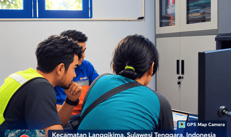 Team Reviewing Laptop in GPS-Mapped Office